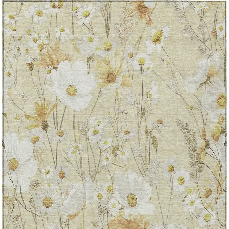 8' X 10' Wheat And Ivory Floral Washable Indoor Outdoor Area Rug