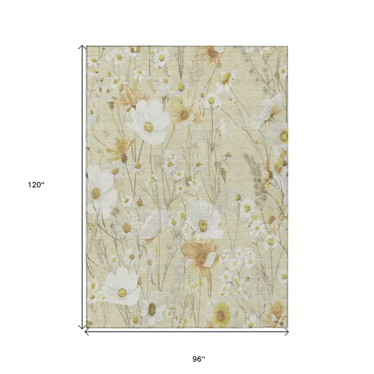 8' X 10' Wheat And Ivory Floral Washable Indoor Outdoor Area Rug