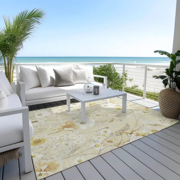 8' X 10' Wheat And Ivory Floral Washable Indoor Outdoor Area Rug