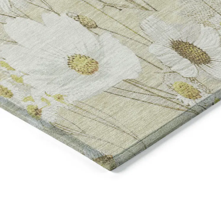 8' X 10' Wheat And Ivory Floral Washable Indoor Outdoor Area Rug