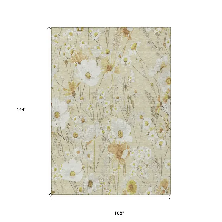 9' X 12' Wheat And Ivory Floral Washable Indoor Outdoor Area Rug