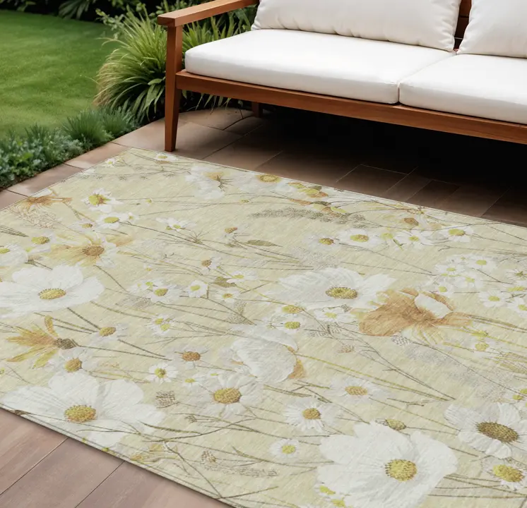 9' X 12' Wheat And Ivory Floral Washable Indoor Outdoor Area Rug