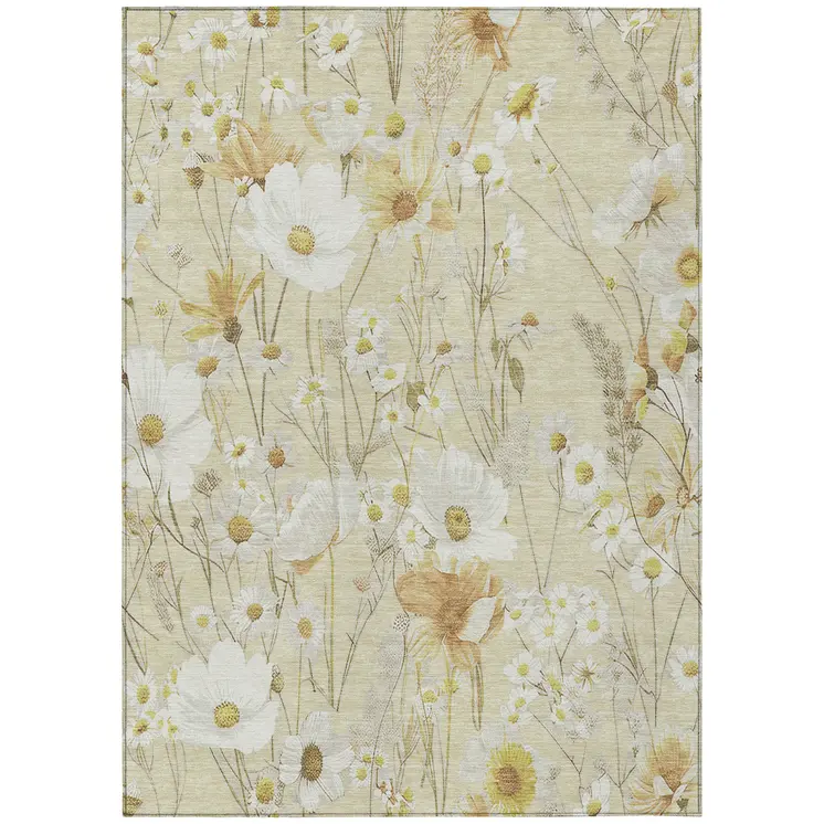 9' X 12' Wheat And Ivory Floral Washable Indoor Outdoor Area Rug