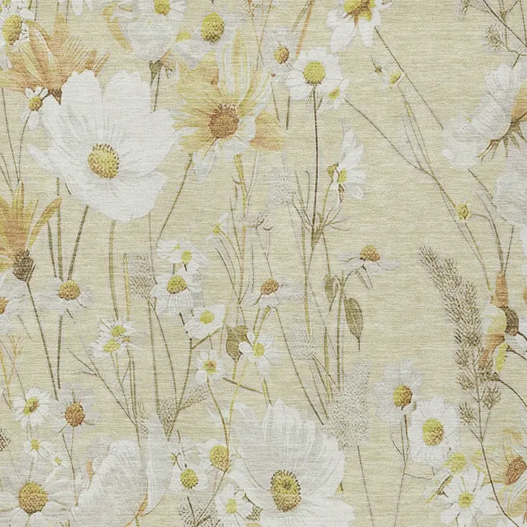 9' X 12' Wheat And Ivory Floral Washable Indoor Outdoor Area Rug