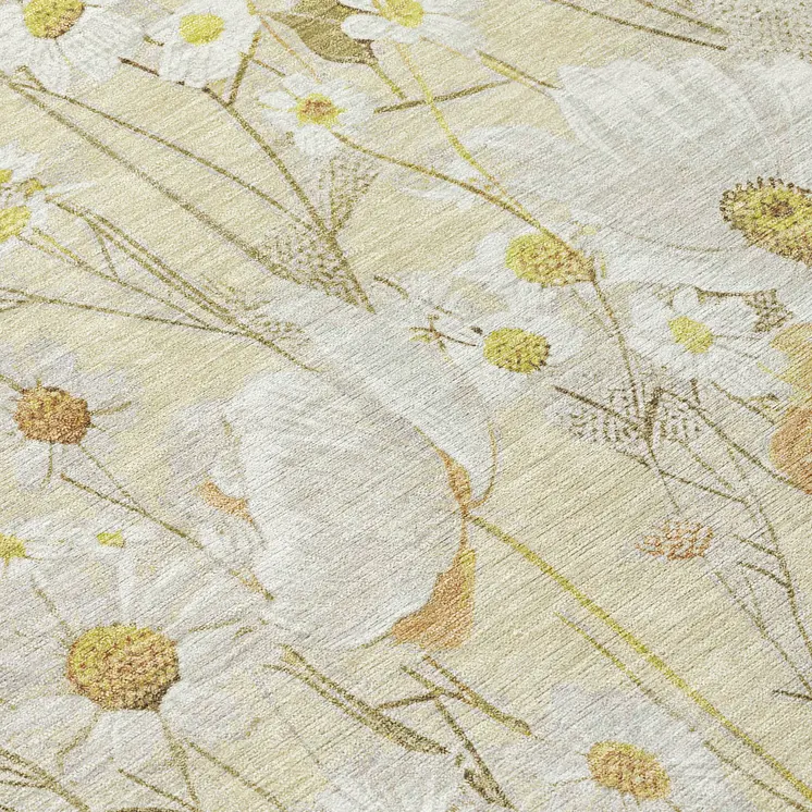 9' X 12' Wheat And Ivory Floral Washable Indoor Outdoor Area Rug