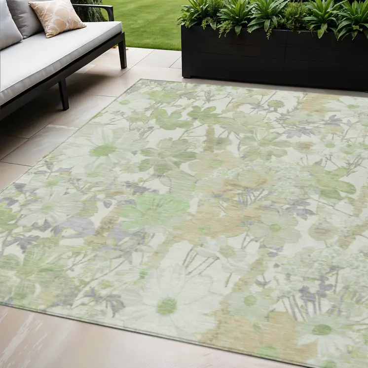 5' X 8' Artichoke Green Lavender And Beige Floral Washable Indoor Outdoor Area Rug