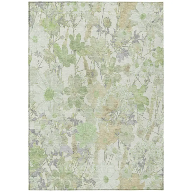 5' X 8' Artichoke Green Lavender And Beige Floral Washable Indoor Outdoor Area Rug