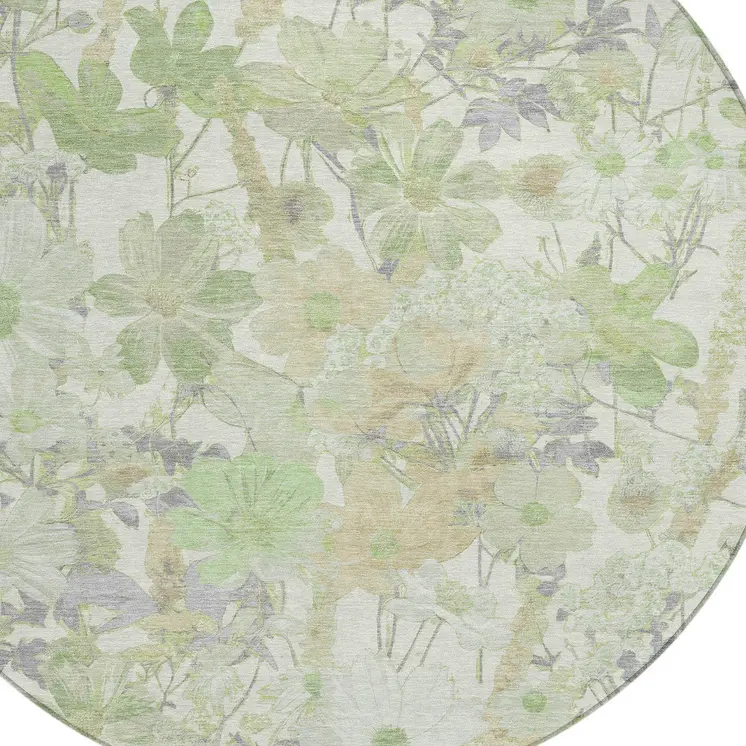 8' Artichoke Green Lavender And Beige Round Floral Washable Indoor Outdoor Area Rug