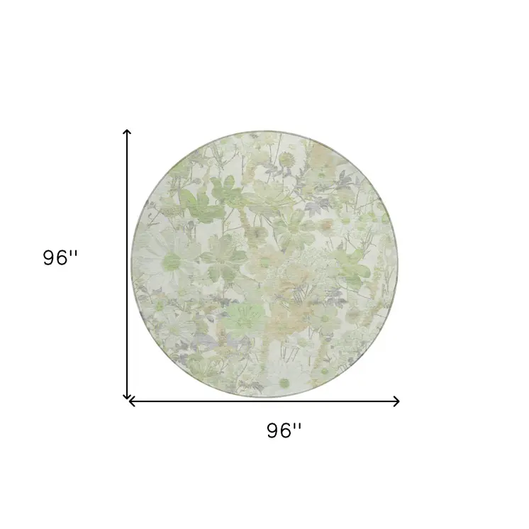 8' Artichoke Green Lavender And Beige Round Floral Washable Indoor Outdoor Area Rug