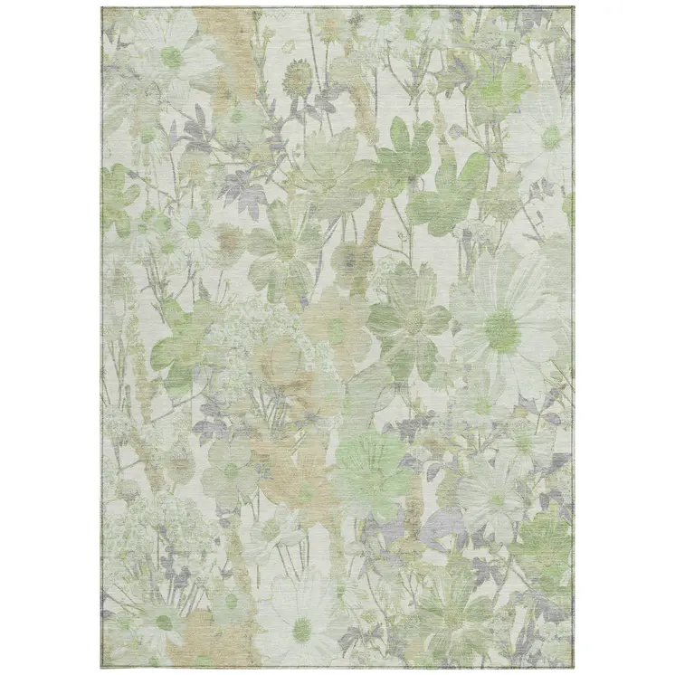 9' X 12' Artichoke Green Lavender And Beige Floral Washable Indoor Outdoor Area Rug