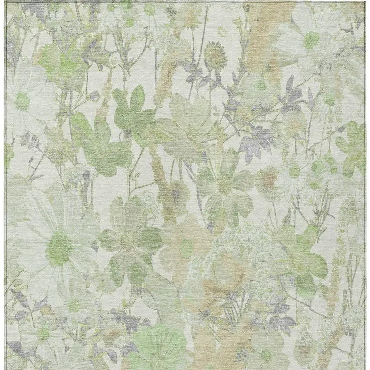 10' X 14' Artichoke Green Lavender And Beige Floral Washable Indoor Outdoor Area Rug