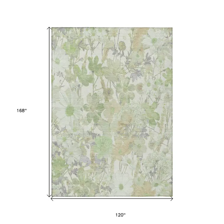 10' X 14' Artichoke Green Lavender And Beige Floral Washable Indoor Outdoor Area Rug