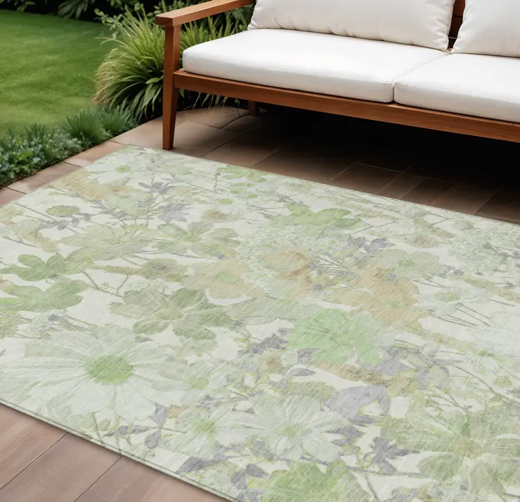 10' X 14' Artichoke Green Lavender And Beige Floral Washable Indoor Outdoor Area Rug