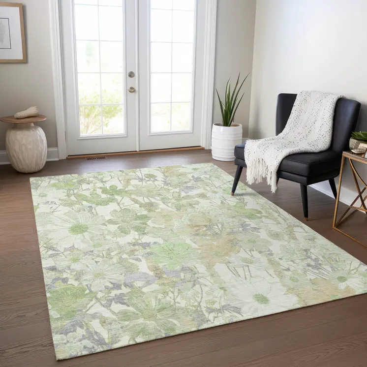 10' X 14' Artichoke Green Lavender And Beige Floral Washable Indoor Outdoor Area Rug