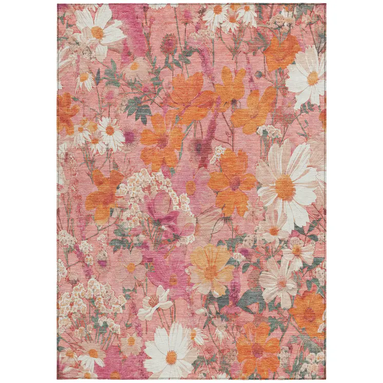 3' X 5' Blush Pink And Orange Floral Washable Indoor Outdoor Area Rug