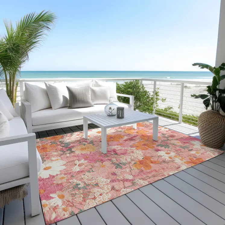 3' X 5' Blush Pink And Orange Floral Washable Indoor Outdoor Area Rug