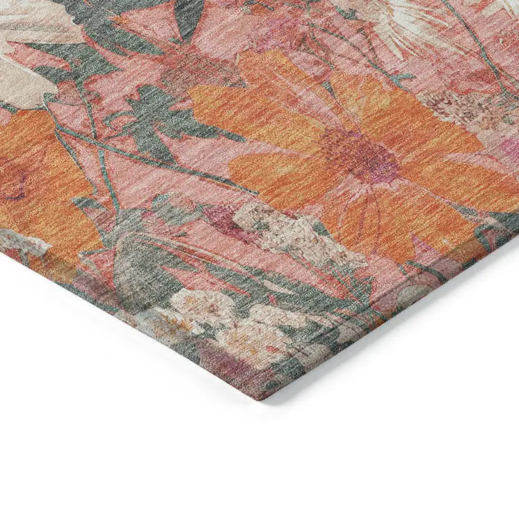 3' X 5' Blush Pink And Orange Floral Washable Indoor Outdoor Area Rug