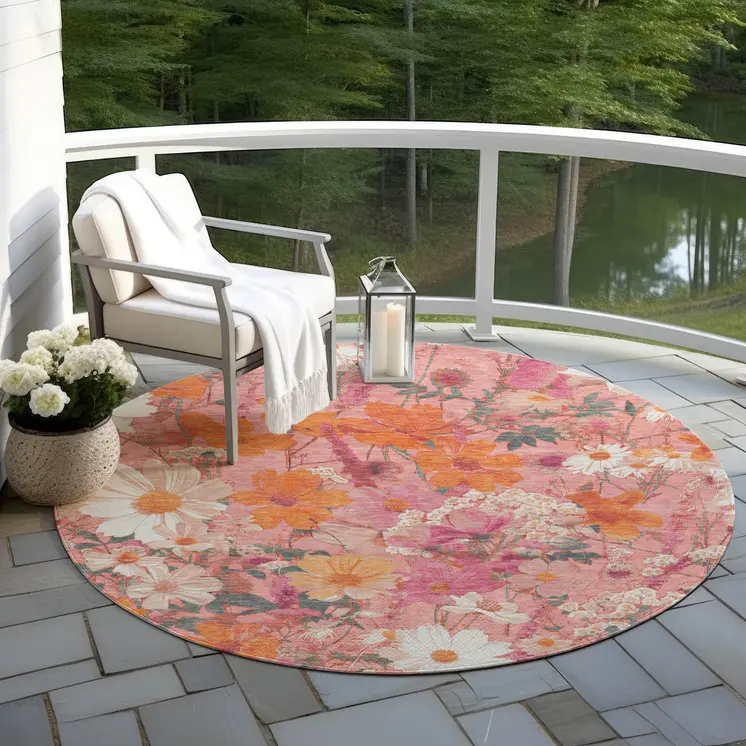 8' Blush Pink And Orange Round Floral Washable Indoor Outdoor Area Rug