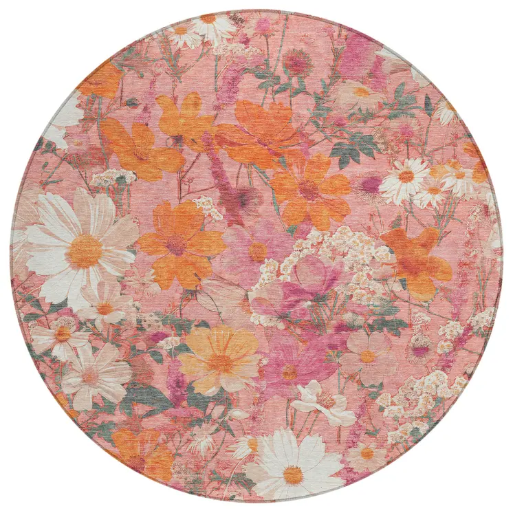 8' Blush Pink And Orange Round Floral Washable Indoor Outdoor Area Rug