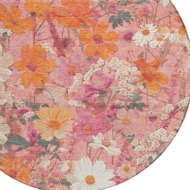 8' Blush Pink And Orange Round Floral Washable Indoor Outdoor Area Rug
