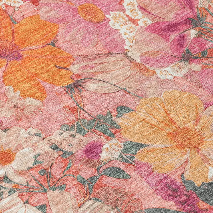 8' Blush Pink And Orange Round Floral Washable Indoor Outdoor Area Rug