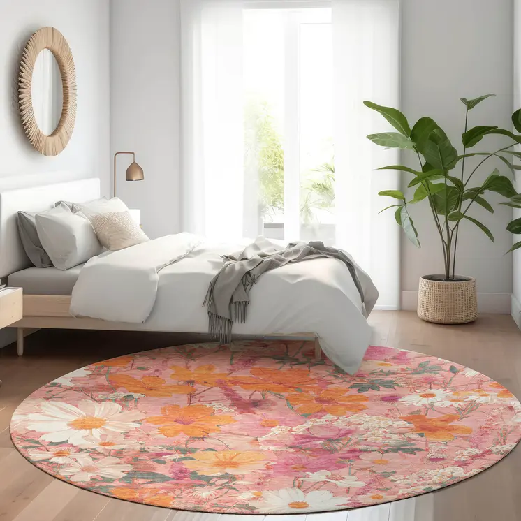 8' Blush Pink And Orange Round Floral Washable Indoor Outdoor Area Rug