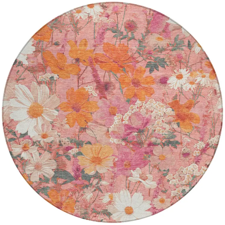 8' Blush Pink And Orange Round Floral Washable Indoor Outdoor Area Rug