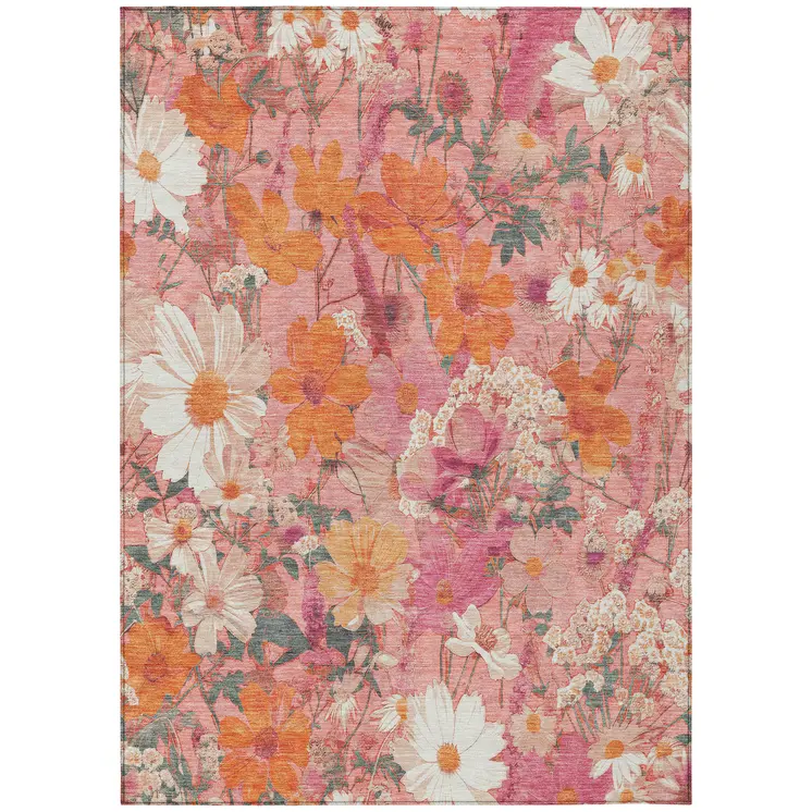 8' X 10' Blush Pink And Orange Floral Washable Indoor Outdoor Area Rug