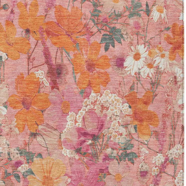 8' X 10' Blush Pink And Orange Floral Washable Indoor Outdoor Area Rug