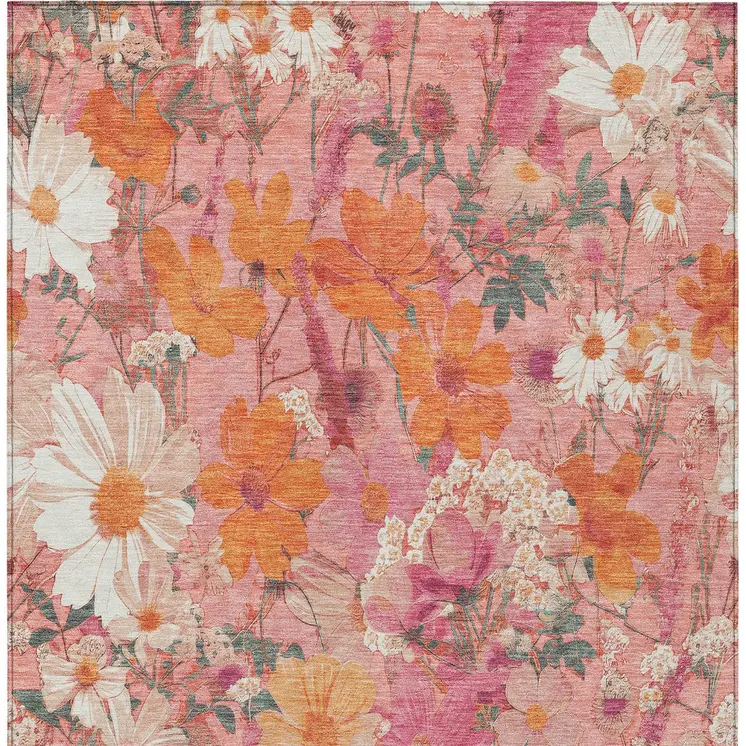 9' X 12' Blush Pink And Orange Floral Washable Indoor Outdoor Area Rug