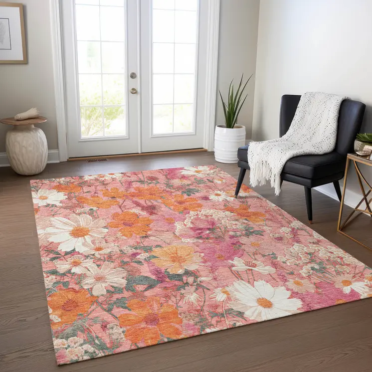 10' X 14' Blush Pink And Orange Floral Washable Indoor Outdoor Area Rug