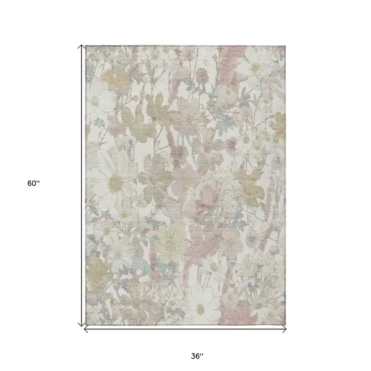 3' X 5' Ivory Beige And Linen Floral Washable Indoor Outdoor Area Rug