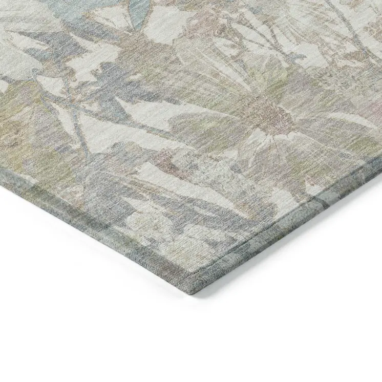 3' X 5' Ivory Beige And Linen Floral Washable Indoor Outdoor Area Rug