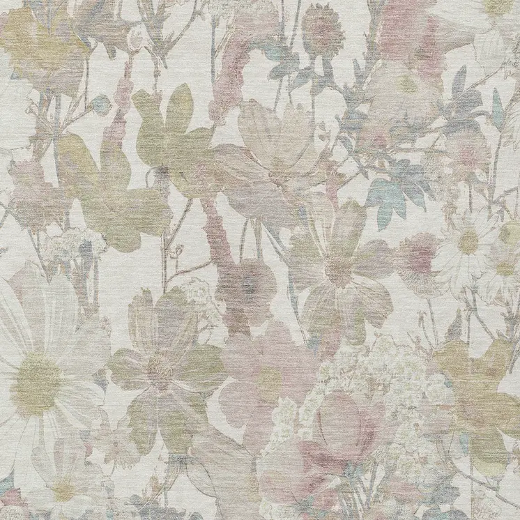 3' X 5' Ivory Beige And Linen Floral Washable Indoor Outdoor Area Rug