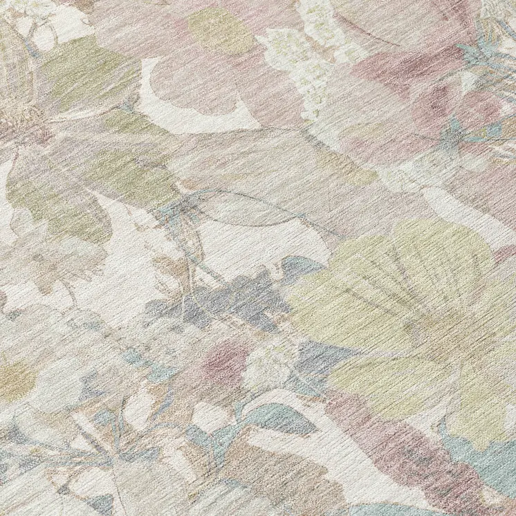3' X 5' Ivory Beige And Linen Floral Washable Indoor Outdoor Area Rug