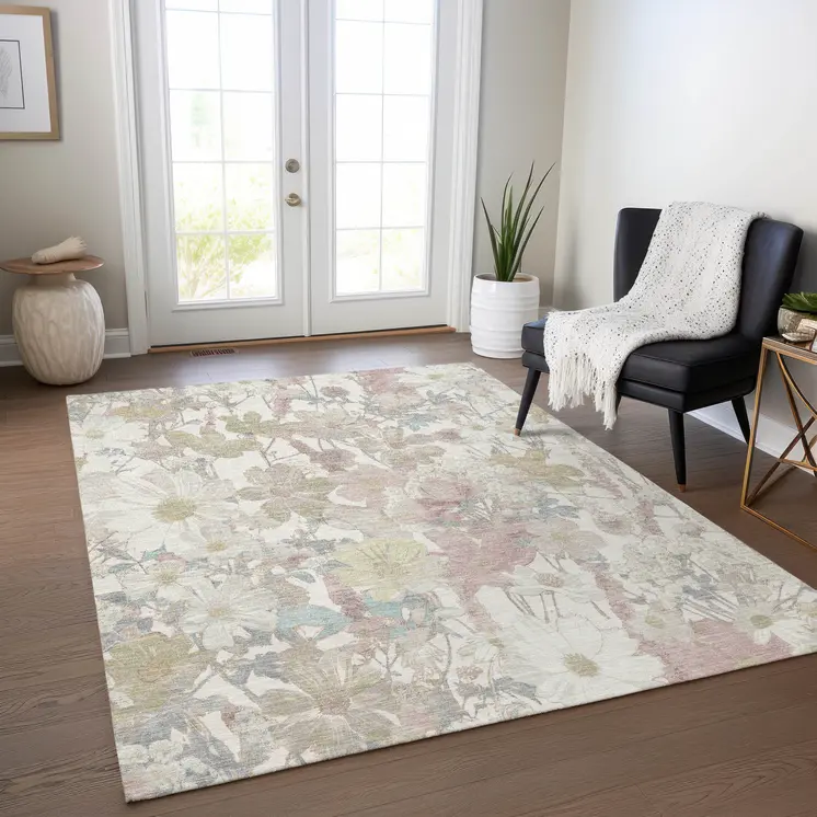 3' X 5' Ivory Beige And Linen Floral Washable Indoor Outdoor Area Rug