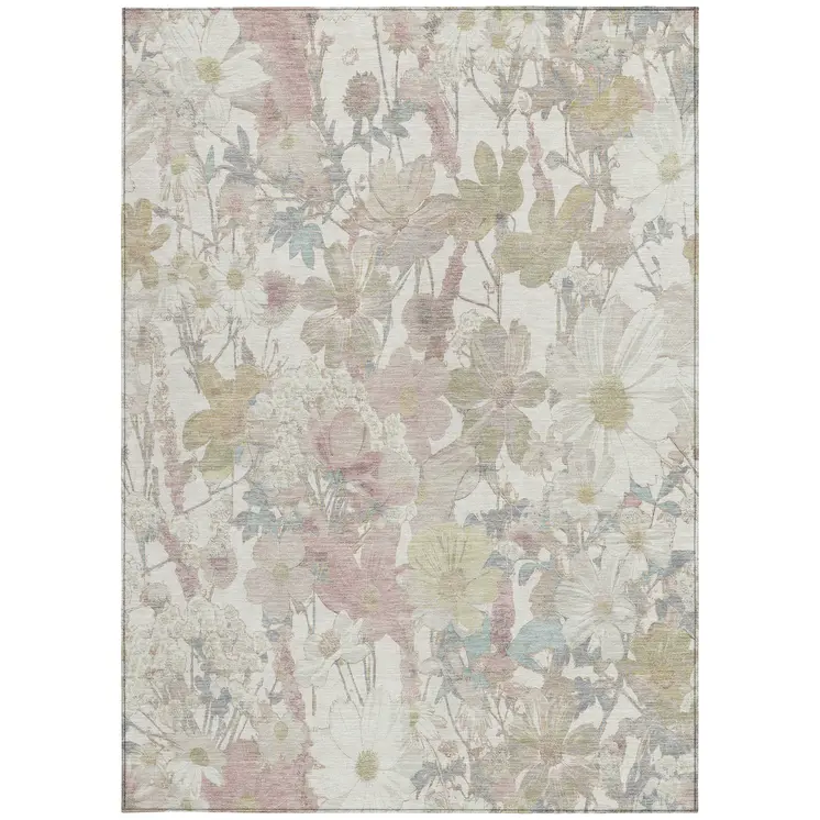 5' X 8' Ivory Beige And Linen Floral Washable Indoor Outdoor Area Rug