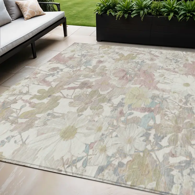 5' X 8' Ivory Beige And Linen Floral Washable Indoor Outdoor Area Rug