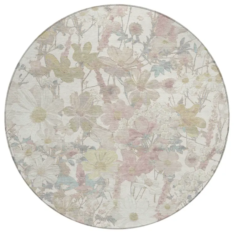 8' Ivory Beige And Linen Round Floral Washable Indoor Outdoor Area Rug