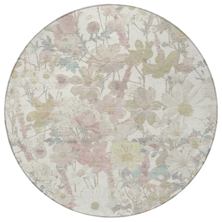 8' Ivory Beige And Linen Round Floral Washable Indoor Outdoor Area Rug