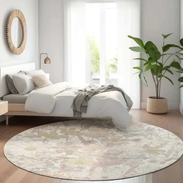 8' Ivory Beige And Linen Round Floral Washable Indoor Outdoor Area Rug