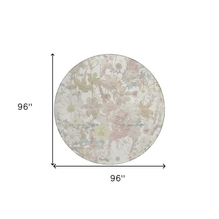 8' Ivory Beige And Linen Round Floral Washable Indoor Outdoor Area Rug