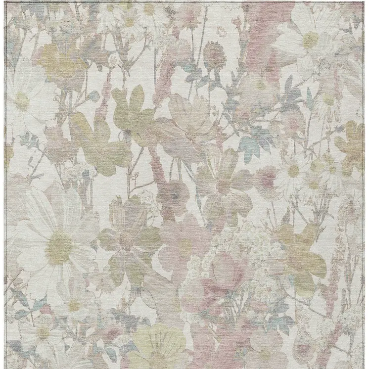 9' X 12' Ivory Beige And Linen Floral Washable Indoor Outdoor Area Rug