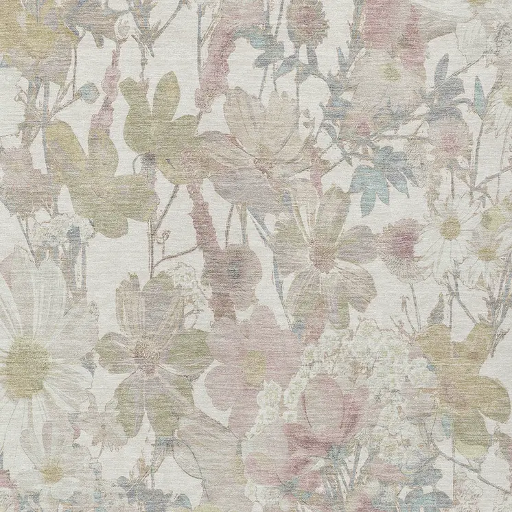 9' X 12' Ivory Beige And Linen Floral Washable Indoor Outdoor Area Rug