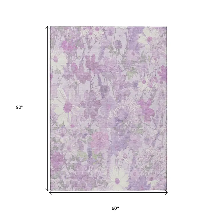 5' X 8' Lavender Purple And Lilac Floral Washable Indoor Outdoor Area Rug