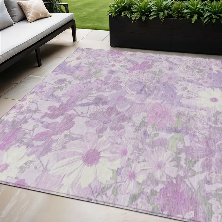 5' X 8' Lavender Purple And Lilac Floral Washable Indoor Outdoor Area Rug