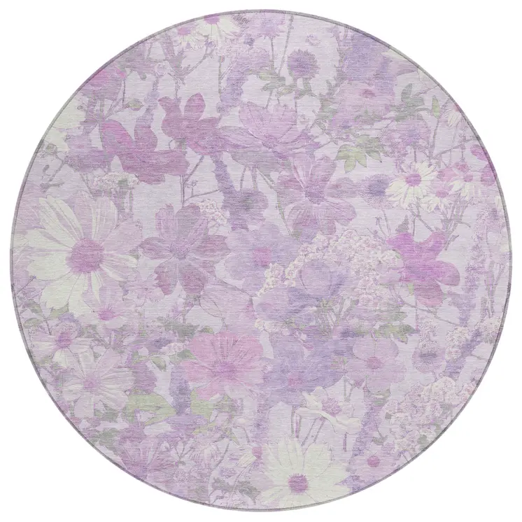 8' Lavender Purple And Lilac Round Floral Washable Indoor Outdoor Area Rug