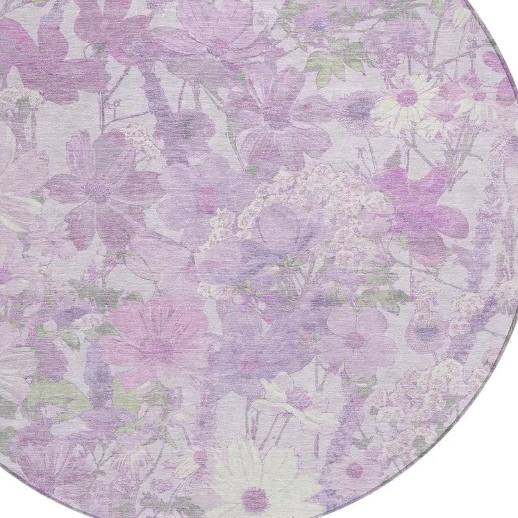 8' Lavender Purple And Lilac Round Floral Washable Indoor Outdoor Area Rug