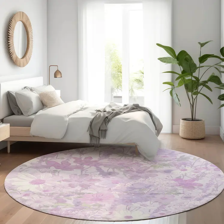 8' Lavender Purple And Lilac Round Floral Washable Indoor Outdoor Area Rug