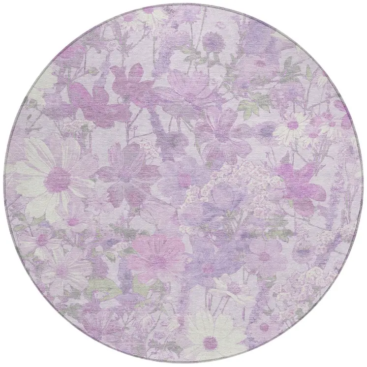 8' Lavender Purple And Lilac Round Floral Washable Indoor Outdoor Area Rug